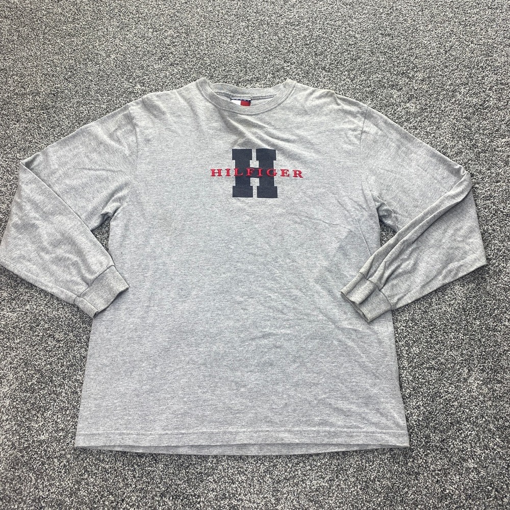 VTG Tommy Hilfiger Shirt‎ Mens S Gray Heather Spell Out Logo Long Sleeve USA Y2K